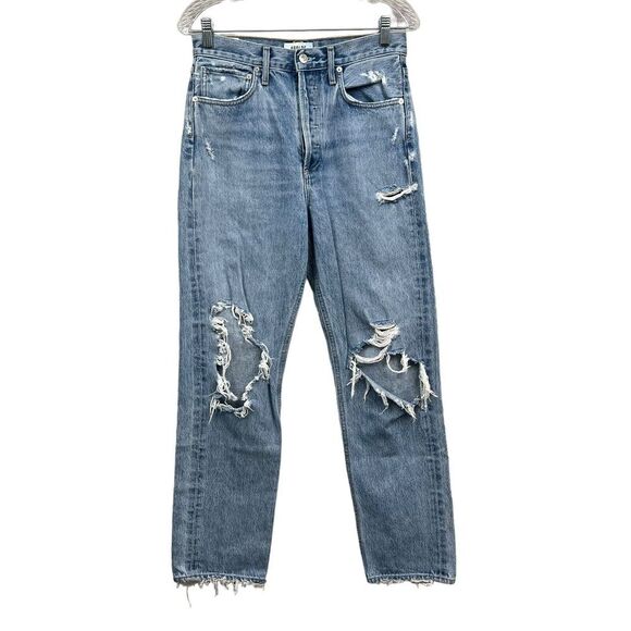 Agolde Womens Jeans 90s Straight Fit Distressed Raw Knee Mid Rise Blue Sz 25